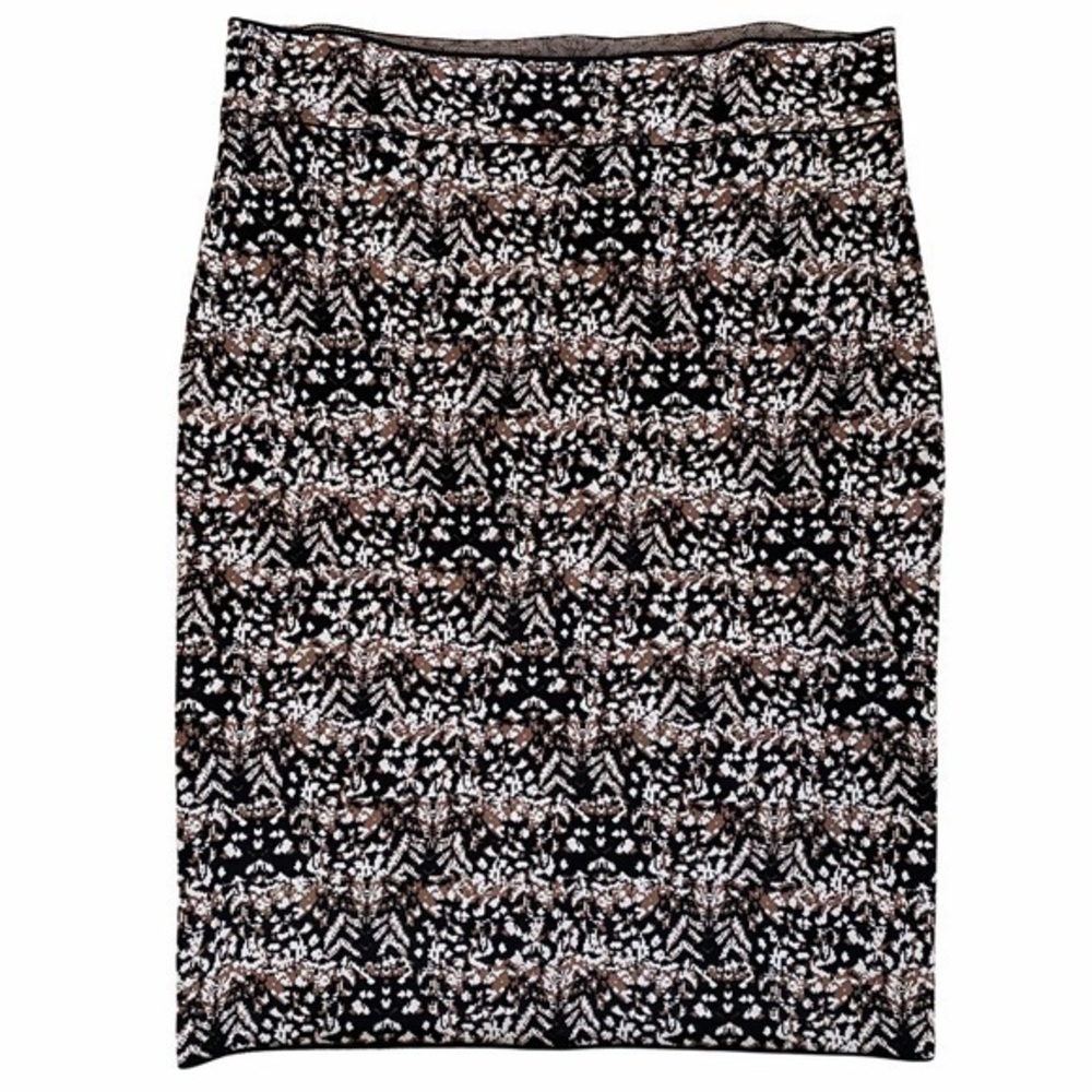 BCBGMaxazria Black Brown Graphic Print Stretch Spandex Midi Pencil Skirt Large